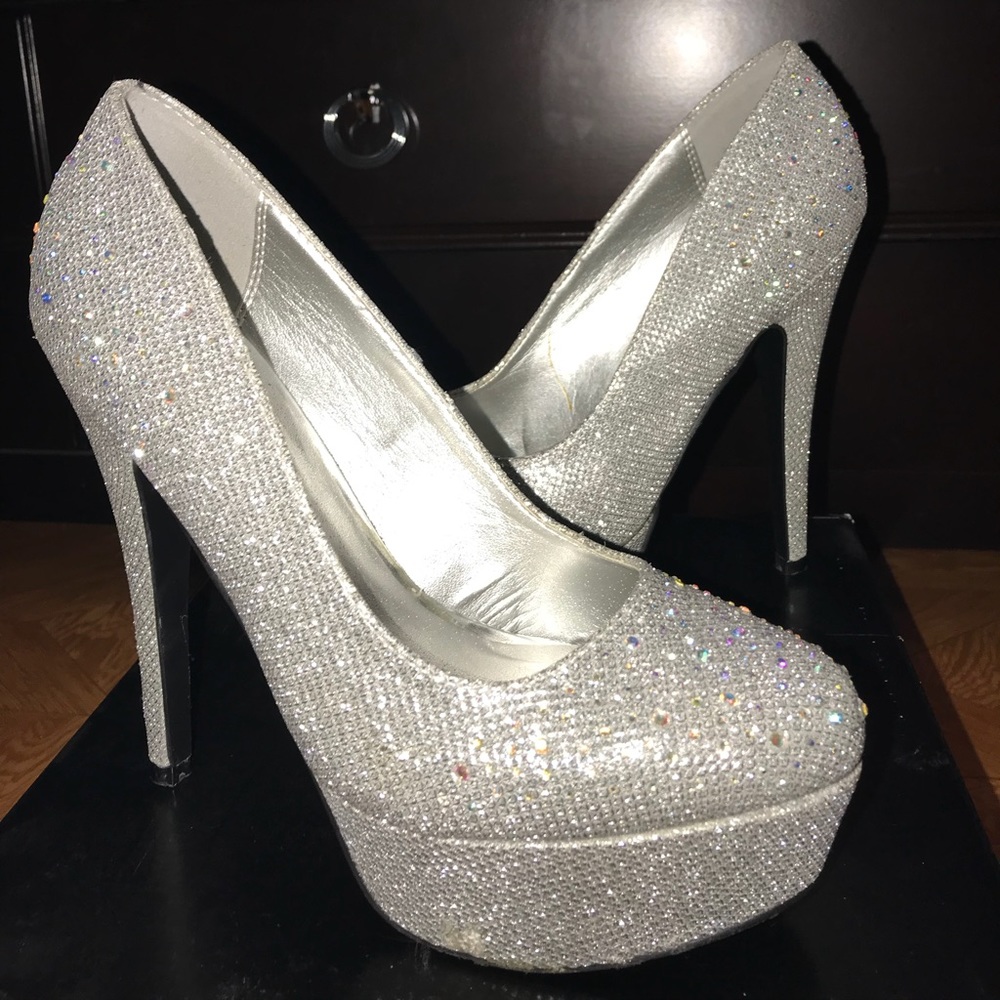 Silver glitter mesh heels